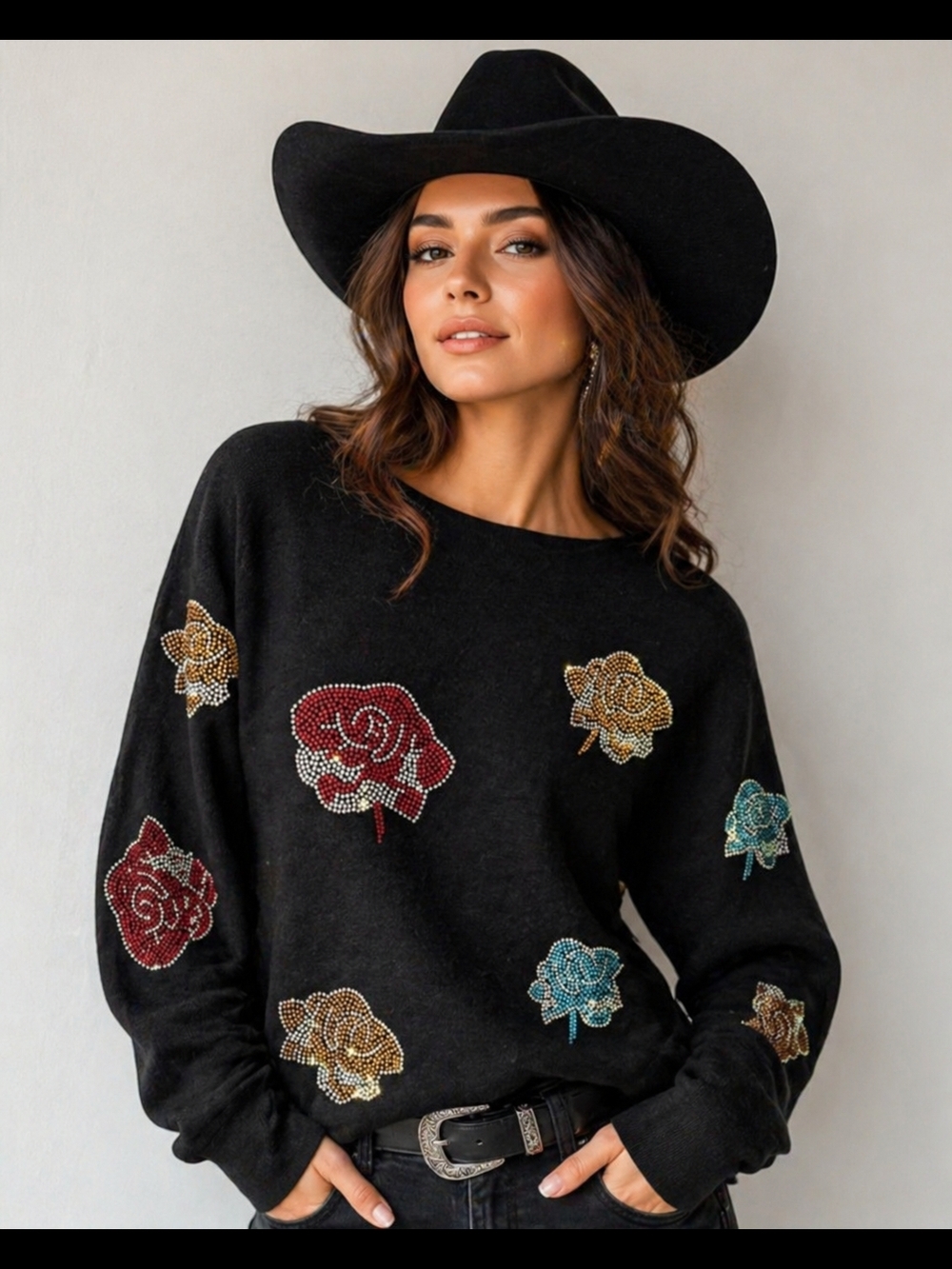 Liv Milano Rhinestone Roses Black Women's Sweater Size Medium